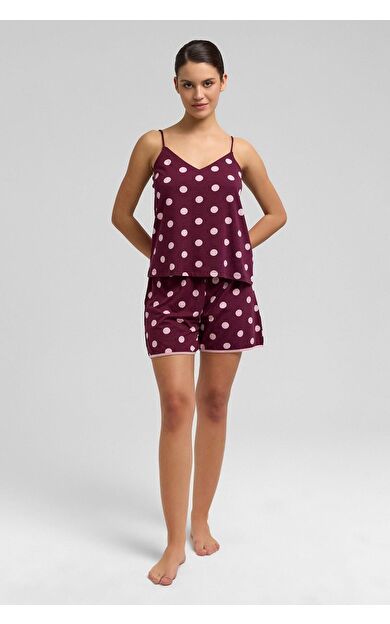 Mısırlı Kadın Modal Puantiyeli İp Askılı Şort Takımı Bordo