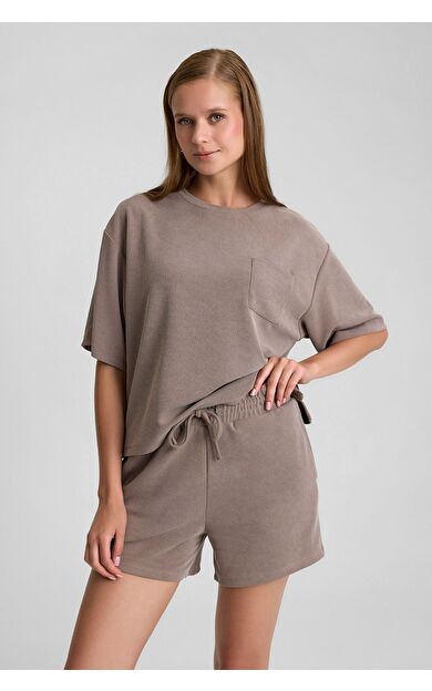 Mısırlı Kadın Modal Oversize Cepli T-Shirt Şort Takım Açık Kahverengi