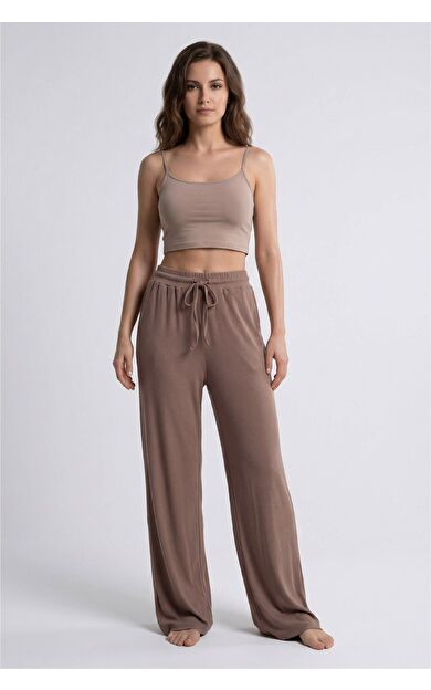 Mısırlı Kadın Modal Pamuk Karışımlı Beli Lastikli Pijama Açık Kahverengi