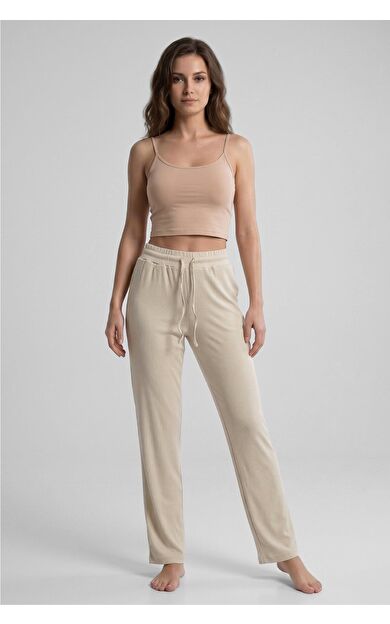 Mısırlı Kadın Modal Pamuk Karışımlı Beli Lastikli Pijama Ekru