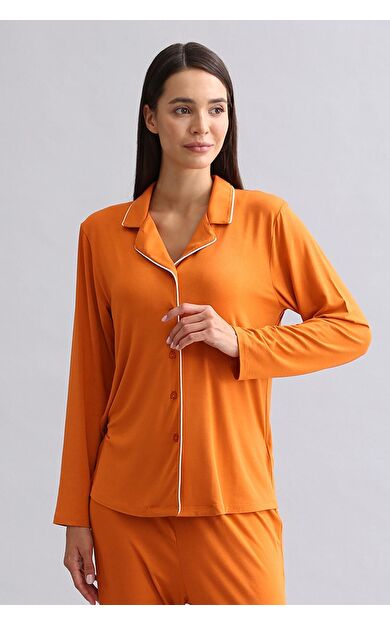 Mısırlı Kadın Modal Uzun Kollu Gömlek Pas Kırmızı