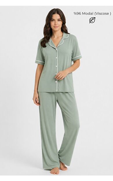 Mısırlı Kadın Modal Pijama Takım Çağla Yeşili