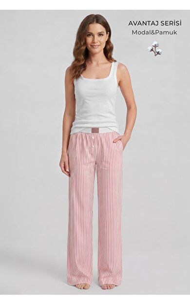 Mısırlı Kadın Modal&Pamuk Karışımlı Askılı Pijama Takım Beyaz-Somon Çizgili