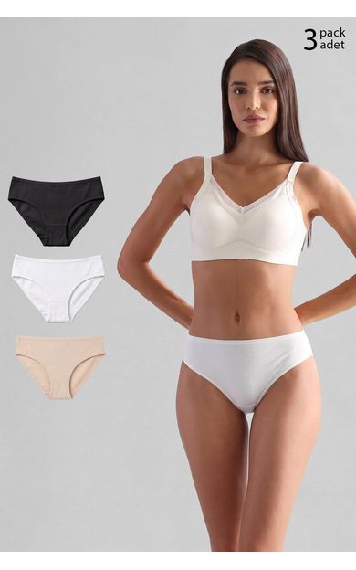 Mısırlı Kadın Modal&Pamuklu HERA Brief İnce Lastikli Üçlü Slip Külot Siyah-Beyaz-Ten