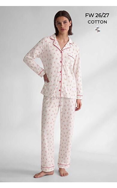 Mısırlı Kadın Önden Düğmeli Biyeli Pijama Takım Turuncu