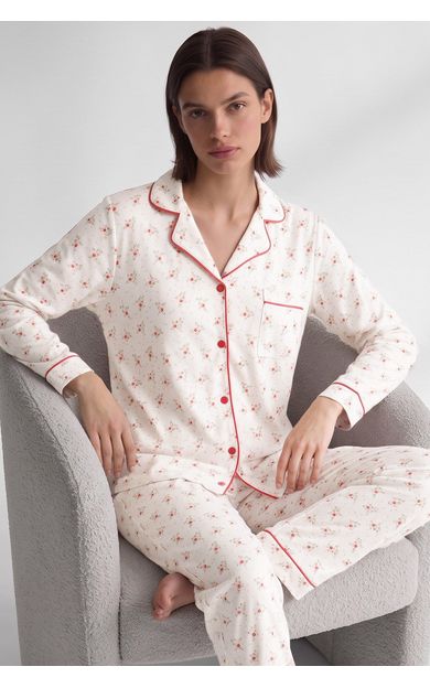 Mısırlı Kadın Önden Düğmeli Biyeli Pijama Takım Turuncu