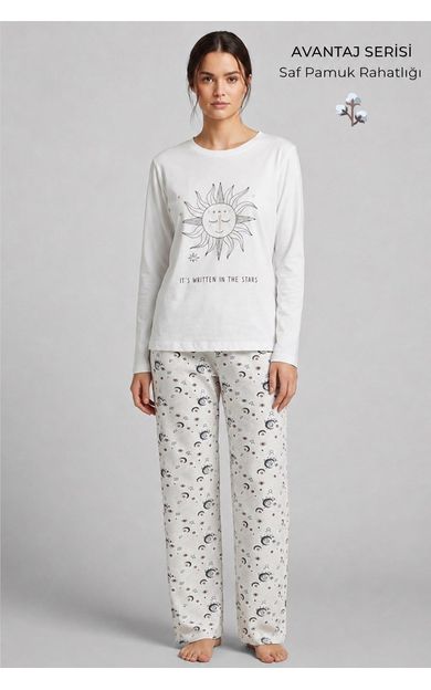 Mısırlı Kadın Pamuk Baskı Detaylı Pijama Takım Ekru