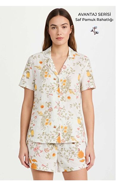 Mısırlı Kadın Pamuk Çiçek Desen Gömlek Sort Takım Ekru
