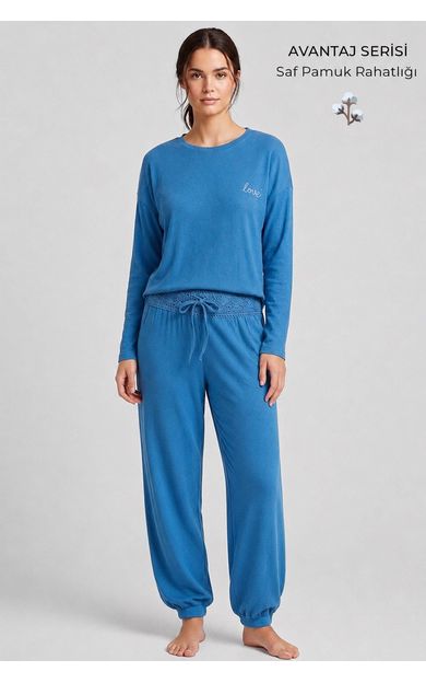 Mısırlı Kadın Pamuk Dantel Detaylı Pijama Takım Saks