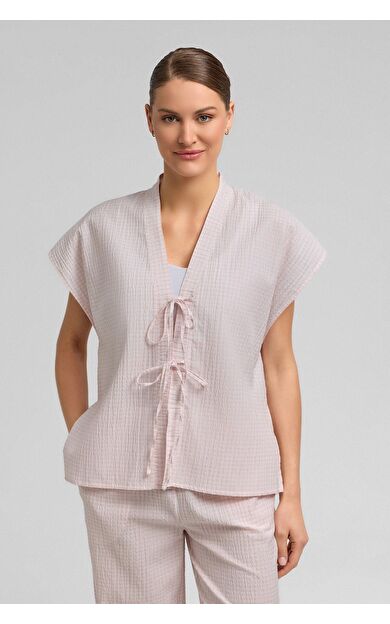 Mısırlı Kadın Pamuk Ekoseli Bağlamalı Gömlek Açık Pembe