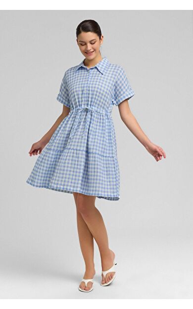 Mısırlı Kadın Pamuk Ekoseli Düğmeli Elbise Açık Mavi