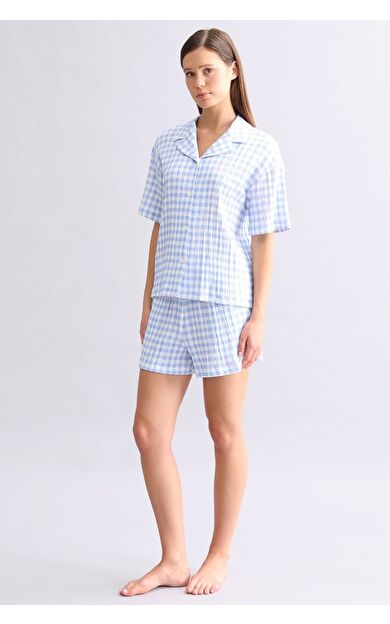 Mısırlı Kadın Pamuk Ekoseli Gömlek Şort Takım Açık Mavi