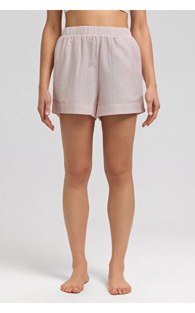 Mısırlı Kadın Pamuk Ekoseli Mini Şort Açık Pembe