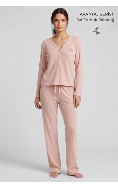 Mısırlı Kadın Pamuk Gofre V Yaka Pijama Takım Açık Pembe