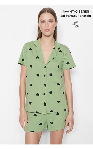 Mısırlı Kadın Pamuk Gömlek Sort Takım Çağla Yeşili