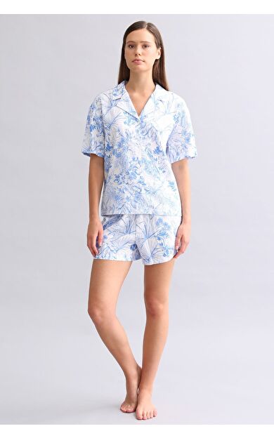 Mısırlı Kadın Pamuk Gömlek Şort Takım Mavi