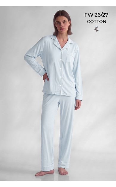 Mısırlı Kadın Pamuk Karışımlı Düz Pijama Takım Mavi