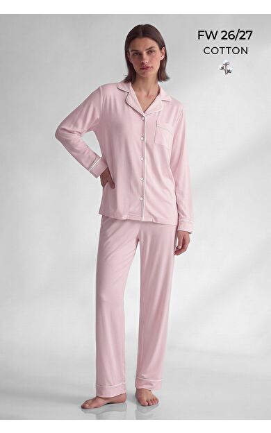 Mısırlı Kadın Pamuk Karışımlı Düz Pijama Takım Pudra
