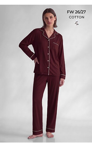 Mısırlı Kadın Pamuk Karışımlı Düz Pijama Takım Bordo
