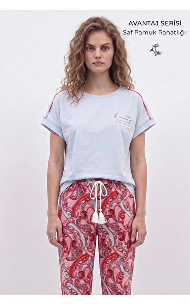 Mısırlı Kadın Pamuk Kısa Kol Pijama Takım Beyaz/Şal Desen