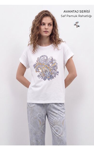 Mısırlı Kadın Pamuk Kısa Kol Pijama Takım Beyaz/Gri
