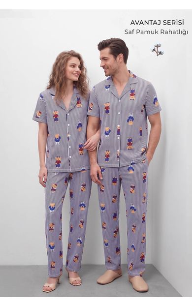 Mısırlı Kadın Pamuk Kısa Kollu Gömlek Pijama Takım Lacivert