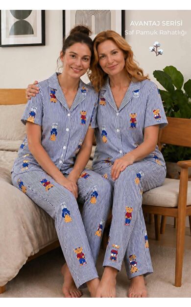 Mısırlı Kadın Pamuk Kısa Kollu Gömlek Pijama Takım Lacivert