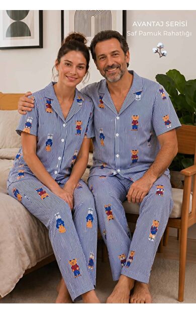 Mısırlı Kadın Pamuk Kısa Kollu Gömlek Pijama Takım Lacivert