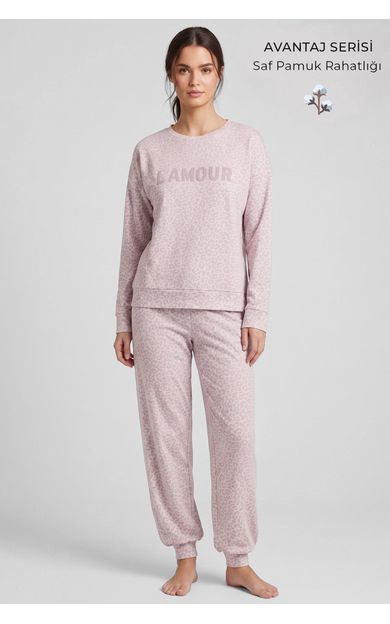 Mısırlı Kadın Pamuk Nakış Detaylı Ribanalı Pijama Takım Açık Pembe