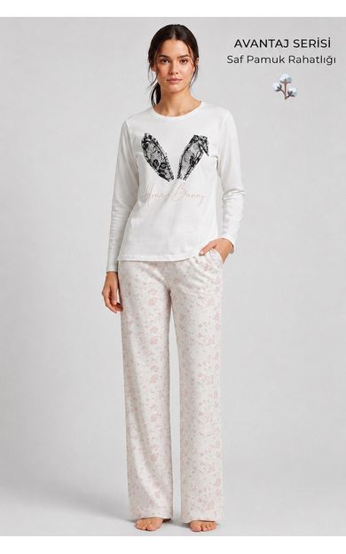 Mısırlı Kadın Pamuk  Pach Detaylı Pijama Takım Ekru