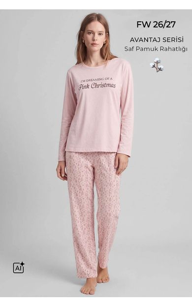 Mısırlı Kadın Pamuk Tavşan Baskılı Pijama Takım Açık Pembe