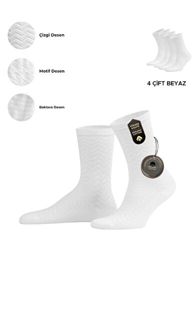 Mısırlı Kadın Pamuklu 4 Çift Motif Desenli Soket Çorap Beyaz