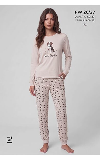 Mısırlı Kadın Pamuklu Baskılı Pijama Takım Ekru