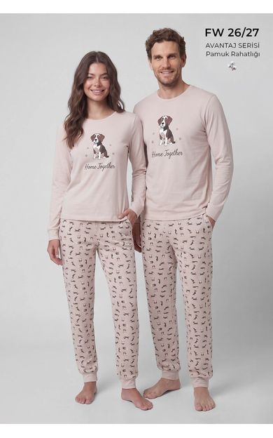 Mısırlı Kadın Pamuklu Baskılı Pijama Takım Ekru