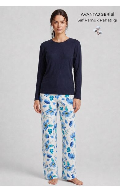 Mısırlı Kadın Pamuklu  Bisiklet Yaka  Pijama Takım Lacivert