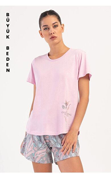 Mısırlı Kadın Pamuklu Büyük Beden Kısa Kol Şort Pijama Takımı Gül Kurusu