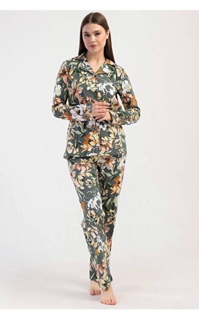 Mısırlı Kadın Pamuklu Çiçek Desenli Uzun Kollu Gömlek Pijama Takımı Yeşil