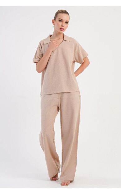 Mısırlı Kadın Pamuklu Dokuma Kısa Kollu Takım Bej