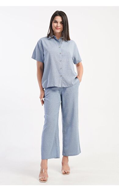 Mısırlı Kadın Pamuklu Dokuma Kısa Kollu Gömlek Takım Açık Mavi