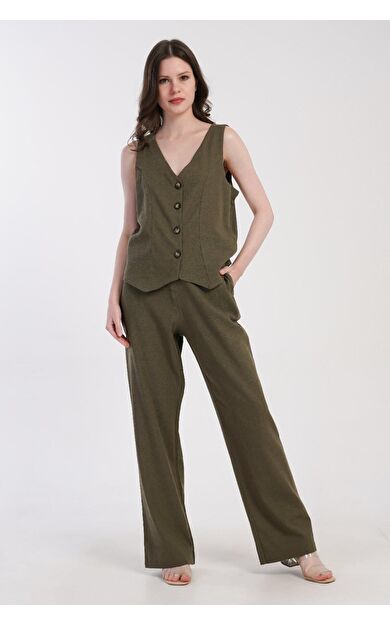 Mısırlı Kadın Pamuklu Dokuma Yelek Takımı Haki