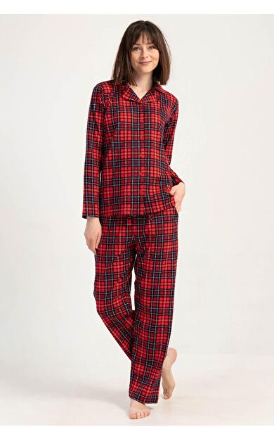 Mısırlı Kadın Pamuklu Ekoseli Uzun Kollu Gömlek Pijama Takımı Kırmızı