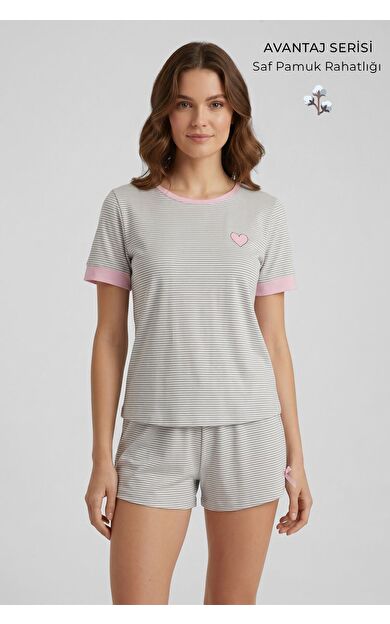 Mısırlı Kadın Pamuklu İnce Çizgili Şort Takım Gri