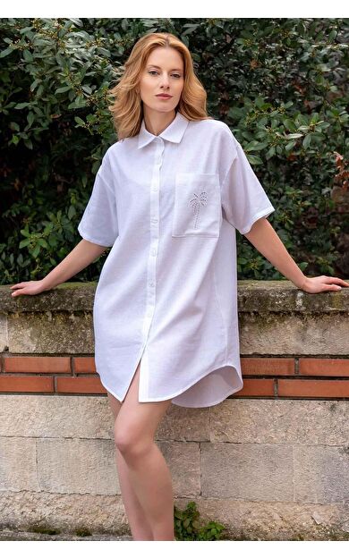 Mısırlı Kadın Pamuklu Kısa Kol Elbise Beyaz