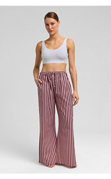 Mısırlı Kadın Pamuklu Poplin Çizgili Pijama Altı / Pantolon Kahverengi/Pembe