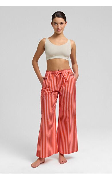 Mısırlı Kadın Pamuklu Poplin Çizgili Pijama Altı / Pantolon Turuncu-Pembe
