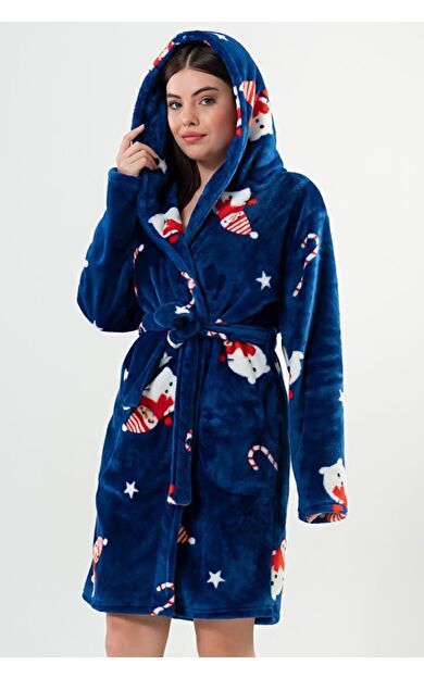 Mısırlı Kadın Peluş Yılbaşı Temalı Sabahlık Lacivert