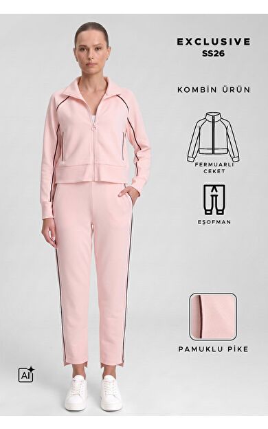 Mısırlı Kadın Pike Fermuarlı Ceket Pantolon Takım Açık Pembe