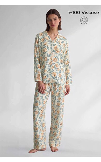 Mısırlı Kadın Saten Papatye Desenli Pijama Takım Desenli