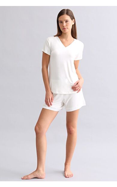 Mısırlı Kadın Saten T-Shirt Şort Takım Ekru