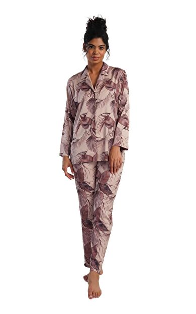 Mısırlı Kadın SATEN Uzun Kollu Gömlek Pijama Takımı Krem